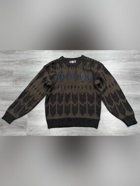 CHIAMARE Knit Sweater Mens L/XL Brown Leather Patch Diamond Southwestern Vintage